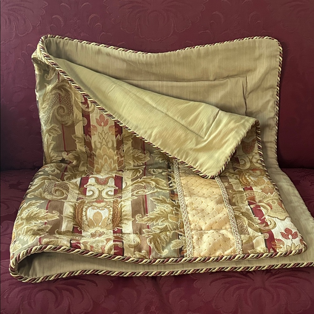 A Pair of Elegant Gold and Burgundy Red King Size Pillow Shams